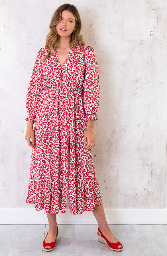 Midi Split Jurk Floral Rood – shoparchief
