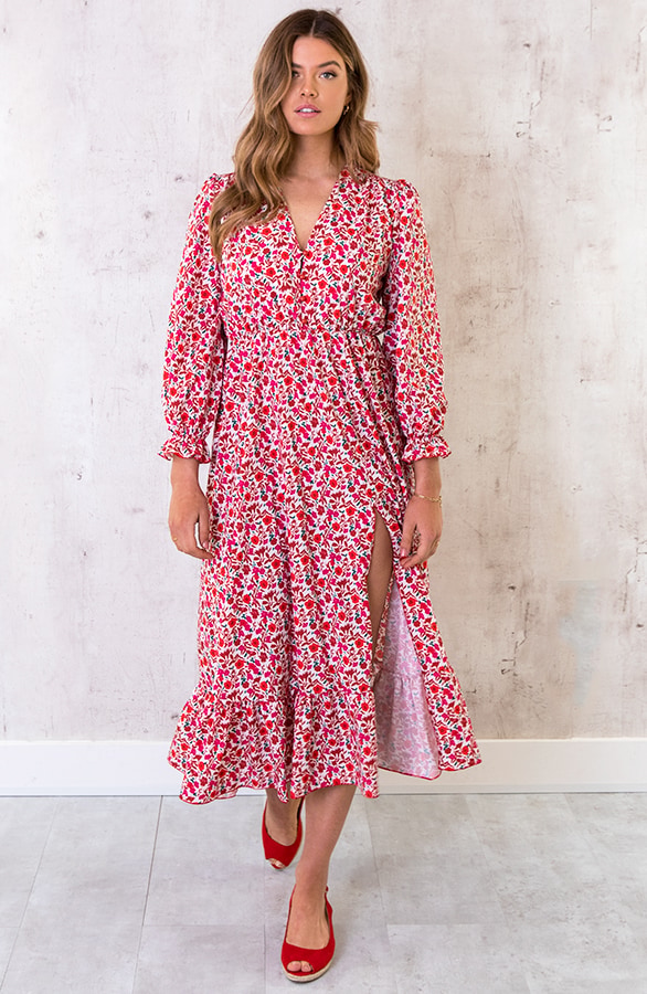 Midi Split Jurk Floral Rood – shoparchief, foto 4
