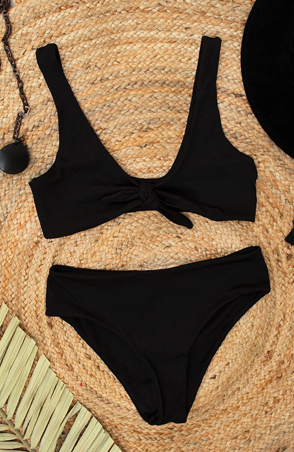 Ribstof Strik Bikini Set Zwart – shoparchief