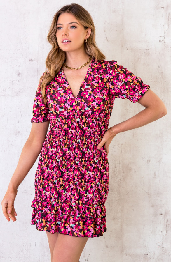 Smocked Jurk Met Bloemen Fuchsia – shoparchief