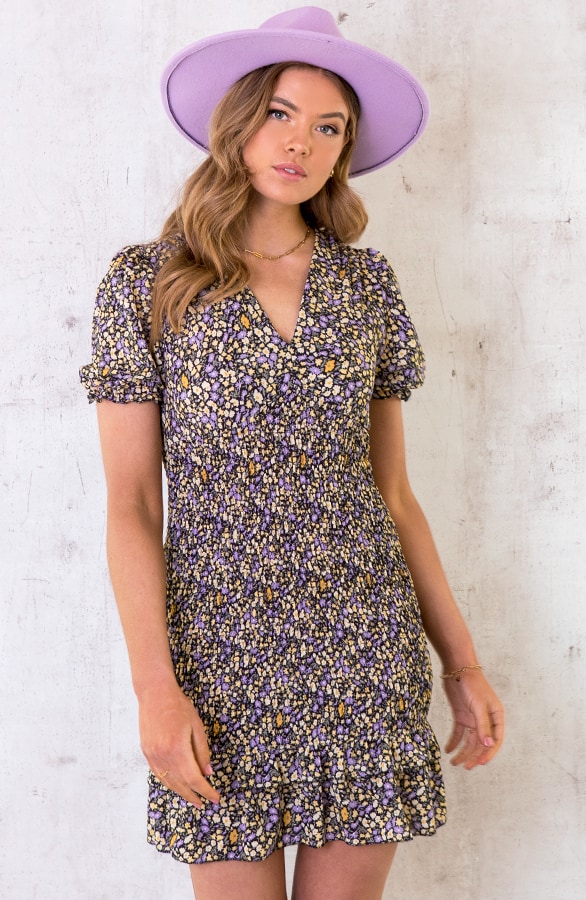 Smocked Jurk Met Bloemen Paars Geel – shoparchief