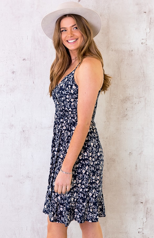 Spaghetti Jurk Bloemen Marine – shoparchief, foto 3