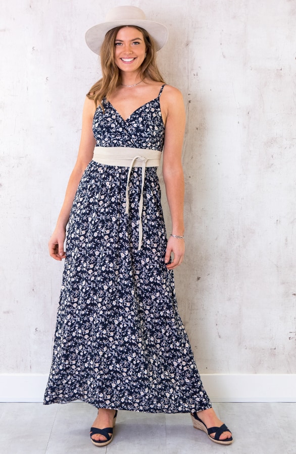 Spaghetti Maxi Jurk Bloemen Marine – shoparchief, foto 3