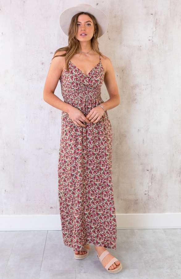 Spaghetti Maxi Jurk Bloemen Rood – shoparchief, foto 2