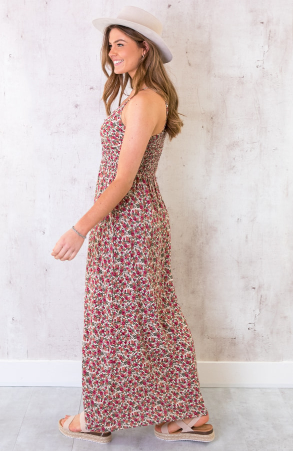 Spaghetti Maxi Jurk Bloemen Rood – shoparchief, foto 3