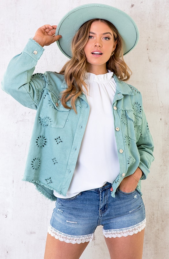 Denim Embroidery Jacket Mint – shoparchief, foto 5