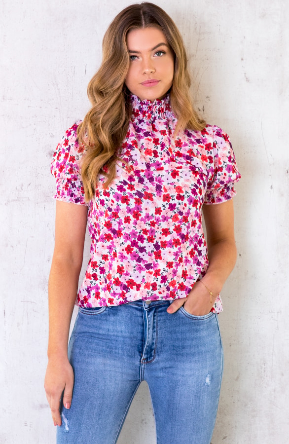 Floral Print Col Top Roze – shoparchief