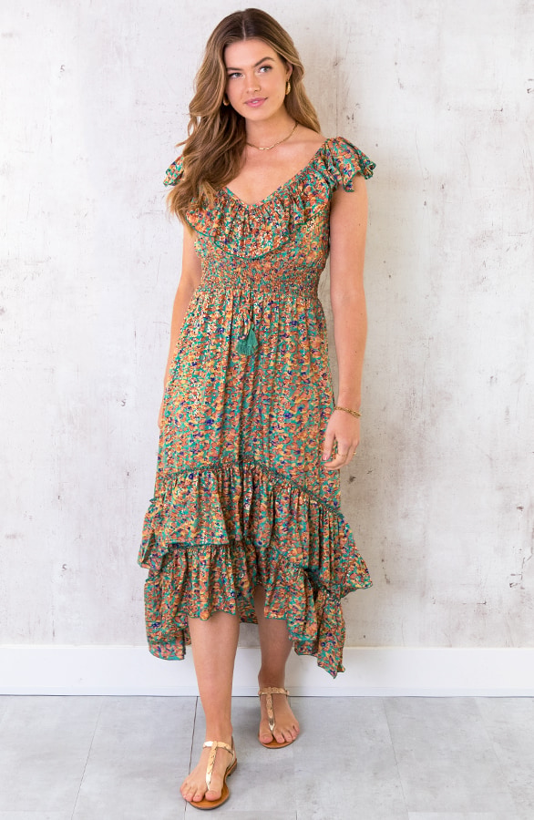 Maxi Print Jurk Ruches Multicolor – shoparchief