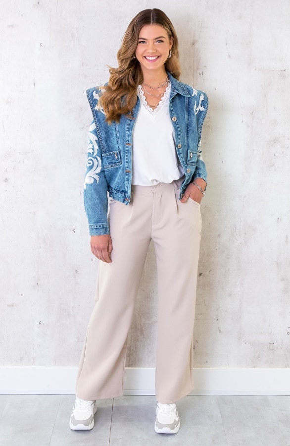 Kanten V-hals Ruffle Top Ecru – shoparchief, foto 6