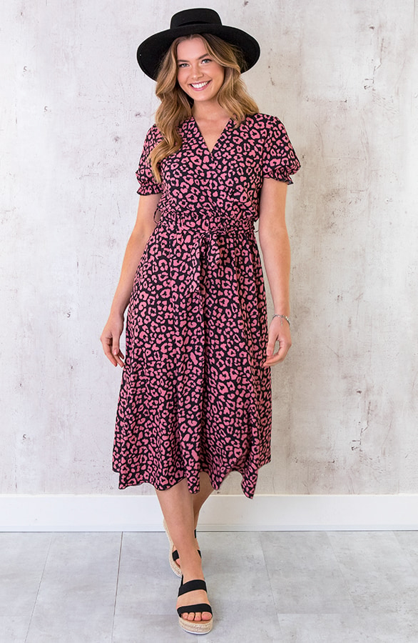 Midi Panterprint Jurk Koraal – shoparchief