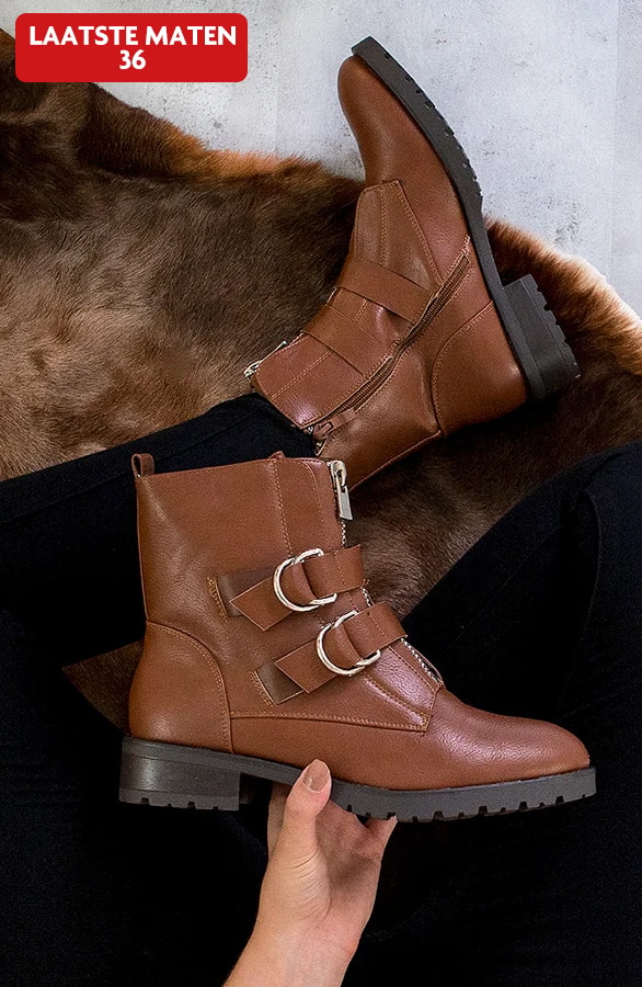Reißverschluss Stiefeletten Mit Schnallen Cognac, Shoparchiv