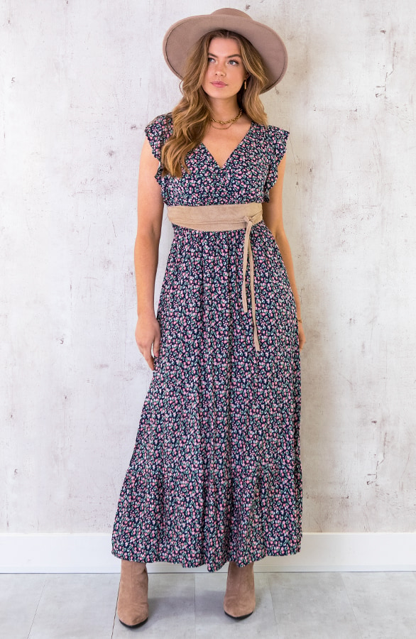Ruffle Maxi Jurk Bloemen Marine – shoparchief