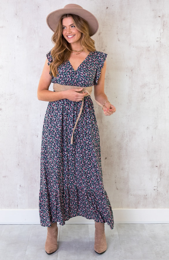 Ruffle Maxi Jurk Bloemen Marine – shoparchief, foto 2