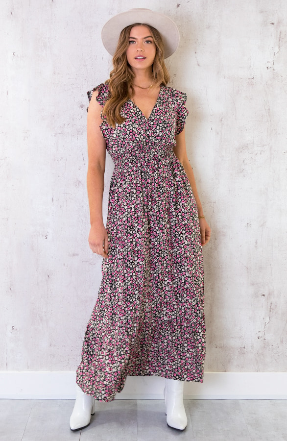 Ruffle Maxi Jurk Bloemen Zwart – shoparchief, foto 6