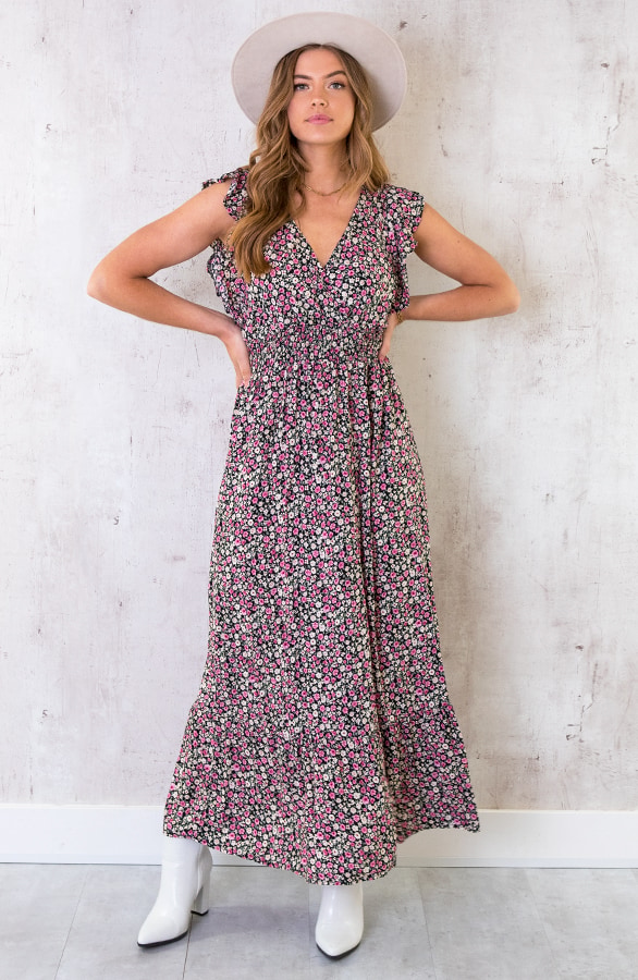 Ruffle Maxi Jurk Bloemen Zwart – shoparchief, foto 7
