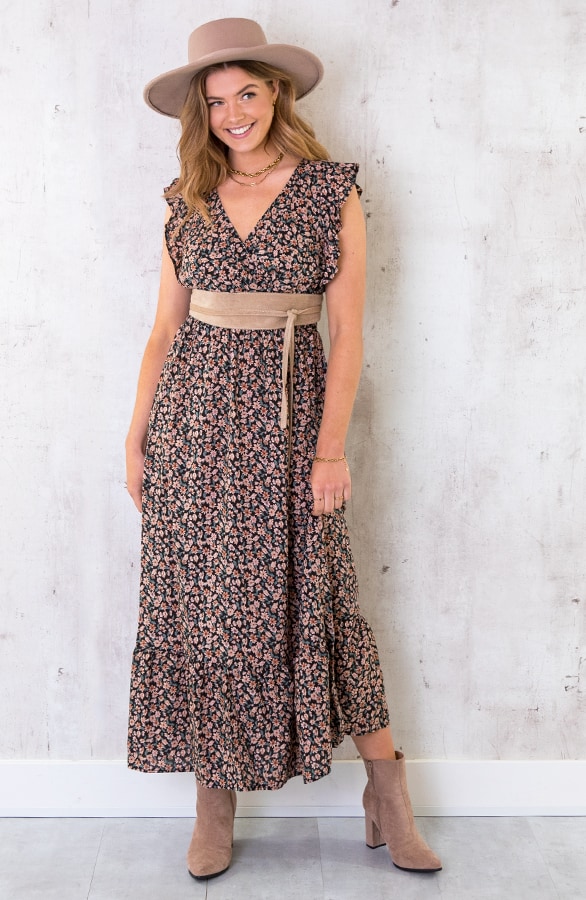 Ruffle Maxi Jurk Bloemen Zwart Dust – shoparchief