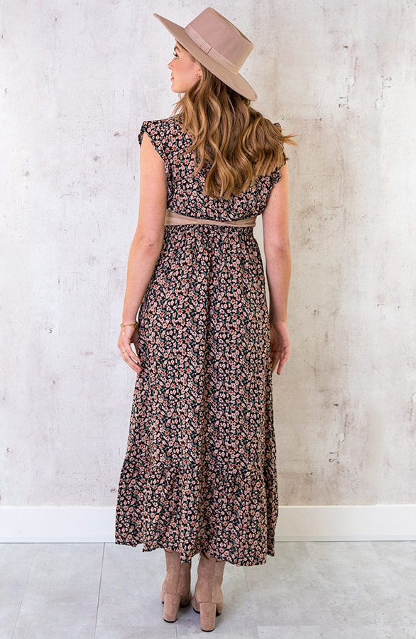 Ruffle Maxi Jurk Bloemen Zwart Dust – shoparchief, foto 4