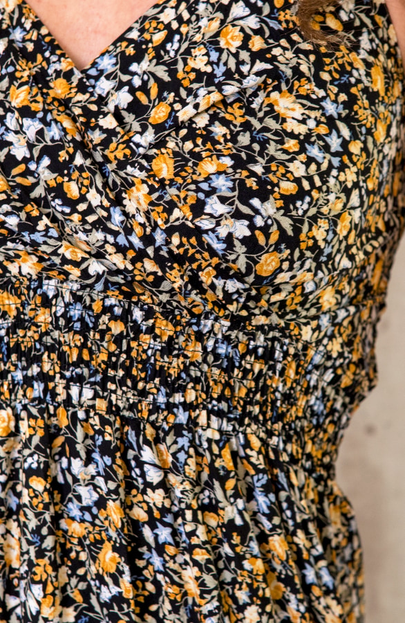 Spaghetti Maxi Jurk Bloemen Zwart Geel – shoparchief, foto 5