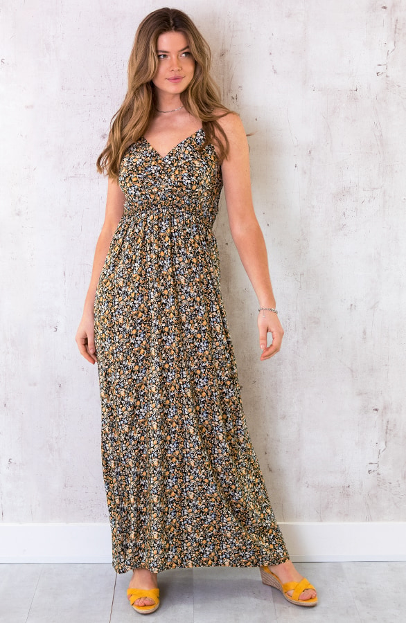 Spaghetti Maxi Jurk Bloemen Zwart Geel – shoparchief, foto 2