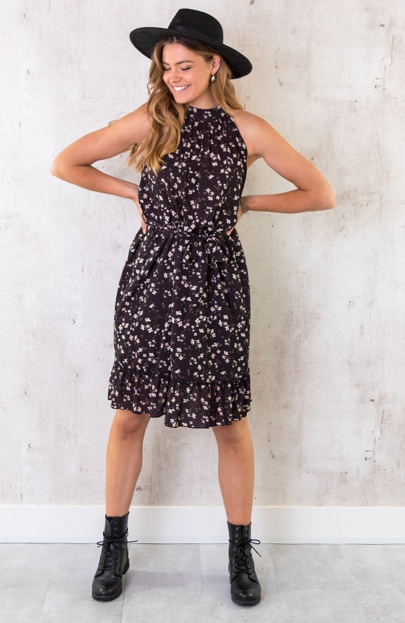 Halter Jurk Met Bloemenprint Zwart – shoparchief, foto 2