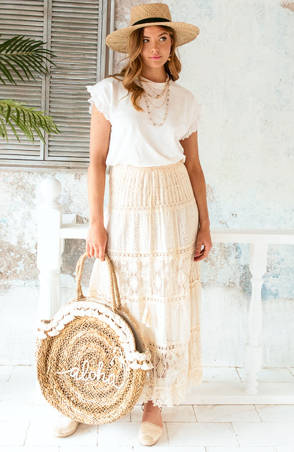 Boho Maxi Rok Bloemen Kant Ecru – shoparchief, foto 2