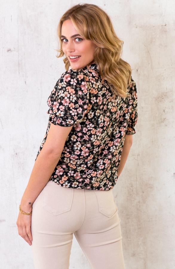 Korte Mouwen Bloemen Blouse Zwart – shoparchief, foto 3