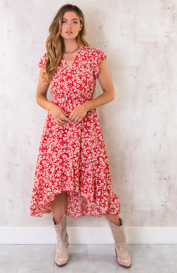 Midi Bloemen Jurk Rood – shoparchief, foto 2