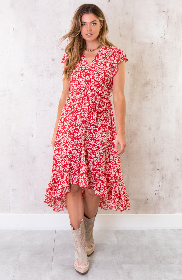 Midi Bloemen Jurk Rood – shoparchief