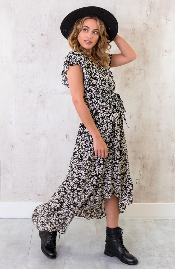 Midi Bloemen Jurk Zwart – shoparchief, foto 3