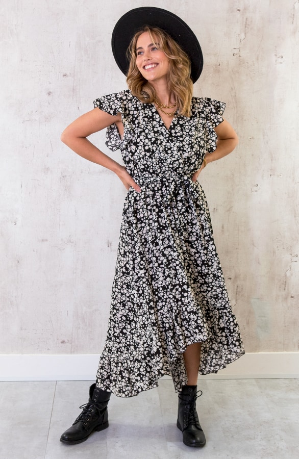 Midi Bloemen Jurk Zwart – shoparchief
