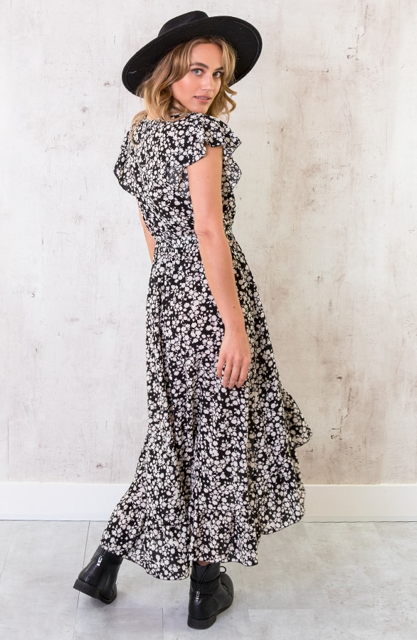 Midi Bloemen Jurk Zwart – shoparchief, foto 4