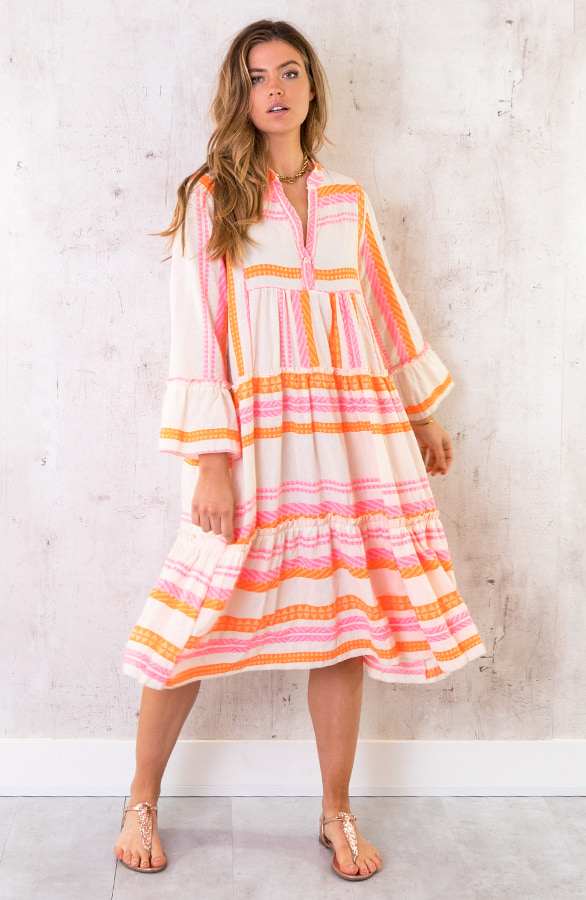 Midi Katoenen Kelim Tuniek Fuchsia Oranje – shoparchief