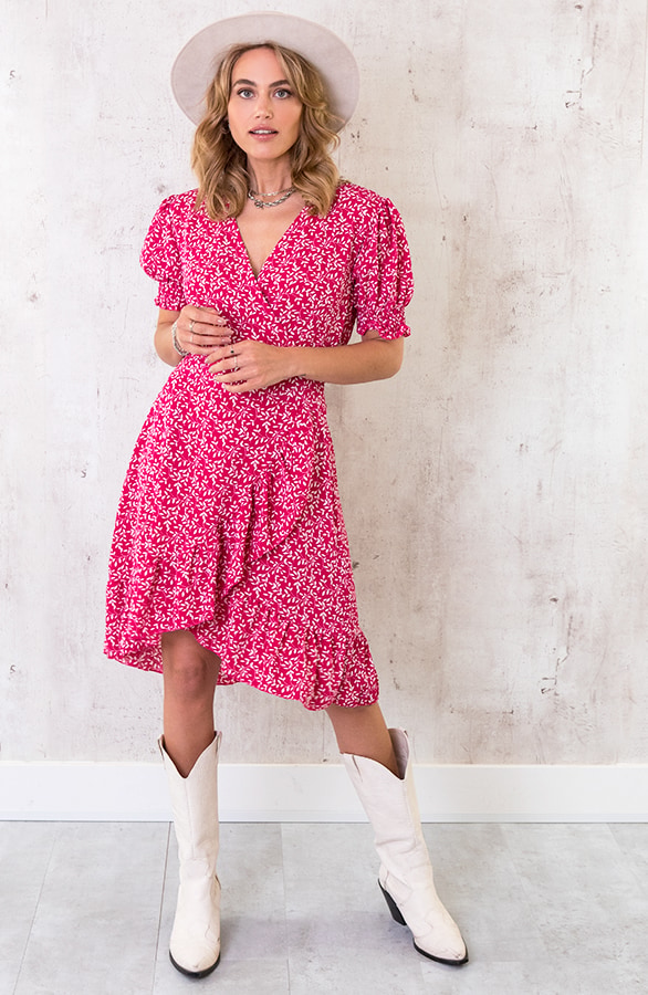 Overslag Ruches Leaves Jurk Fuchsia – shoparchief, foto 5
