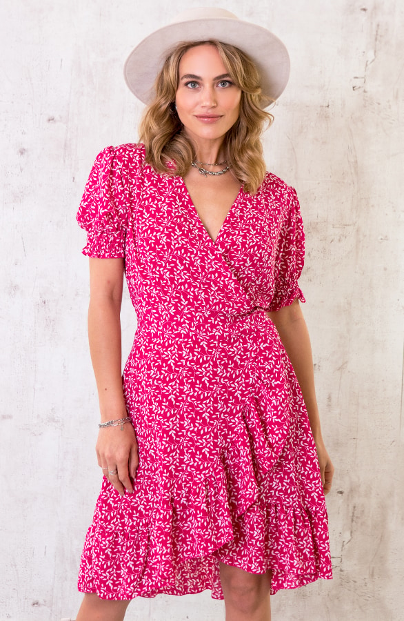 Overslag Ruches Leaves Jurk Fuchsia – shoparchief