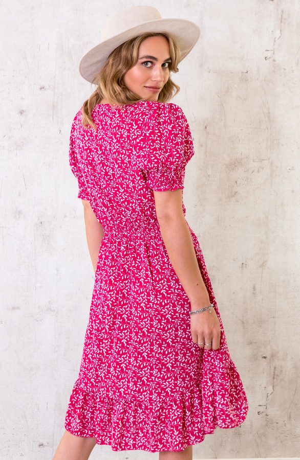 Overslag Ruches Leaves Jurk Fuchsia – shoparchief, foto 3