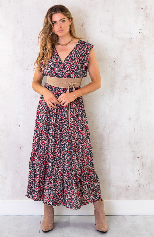 Ruffle Maxi Jurk Bloemen Marine Rood – shoparchief