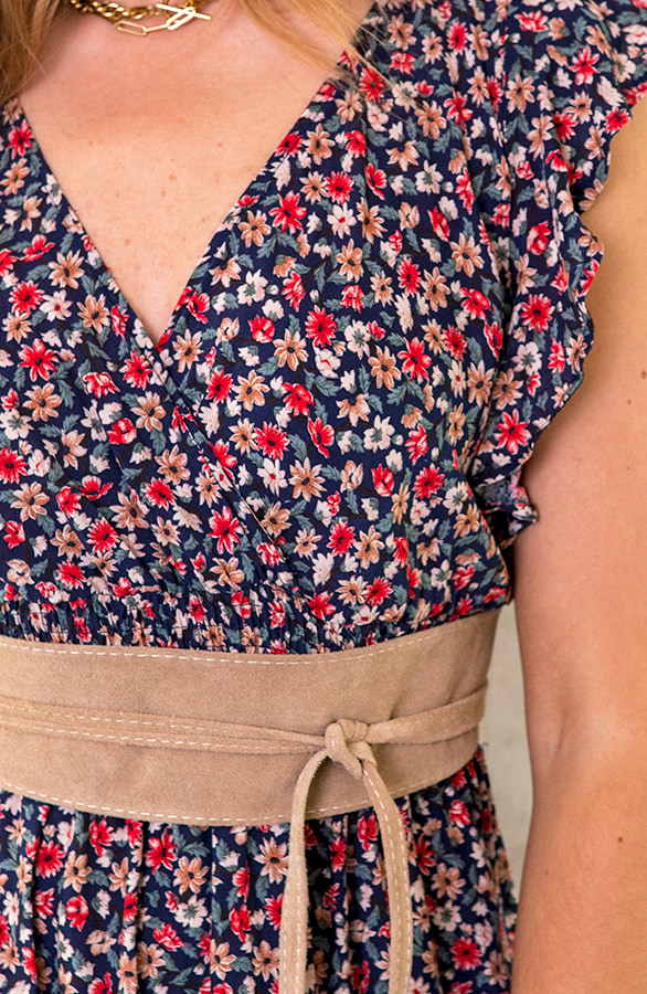 Ruffle Maxi Jurk Bloemen Marine Rood – shoparchief, foto 4