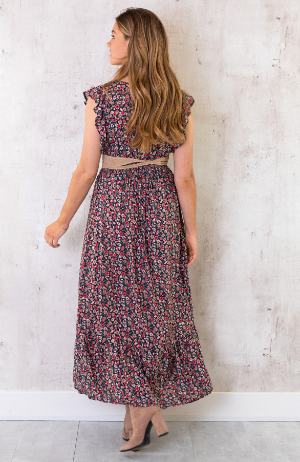 Ruffle Maxi Jurk Bloemen Marine Rood – shoparchief, foto 3