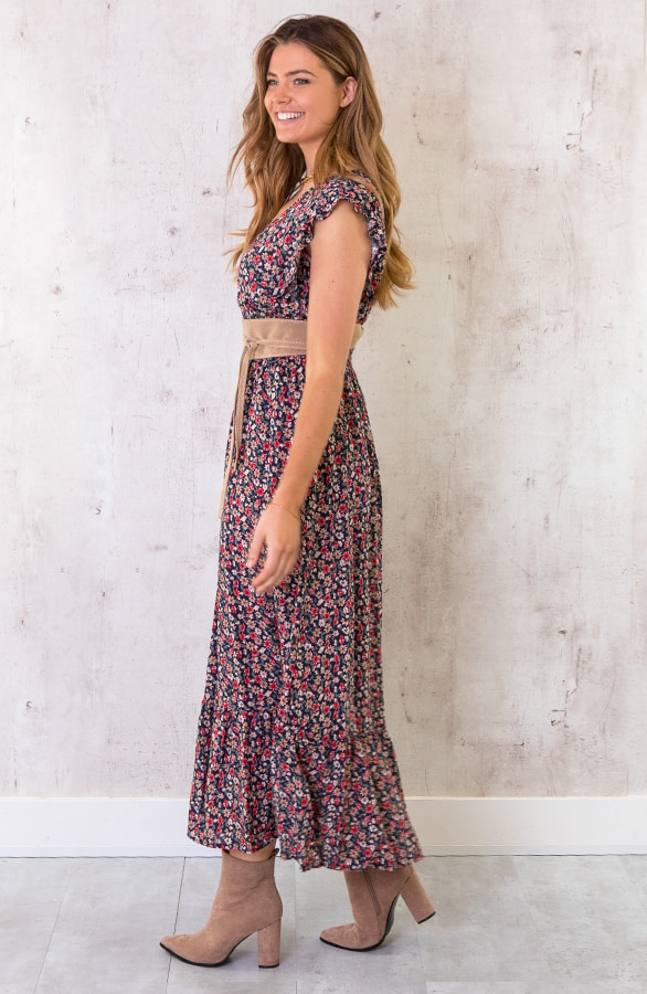 Ruffle Maxi Jurk Bloemen Marine Rood – shoparchief, foto 2