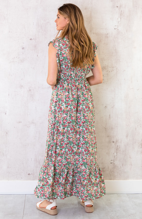 Ruffle Maxi Jurk Bloemen Turquoise – shoparchief, foto 4