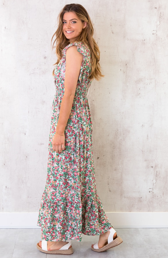 Ruffle Maxi Jurk Bloemen Turquoise – shoparchief, foto 3