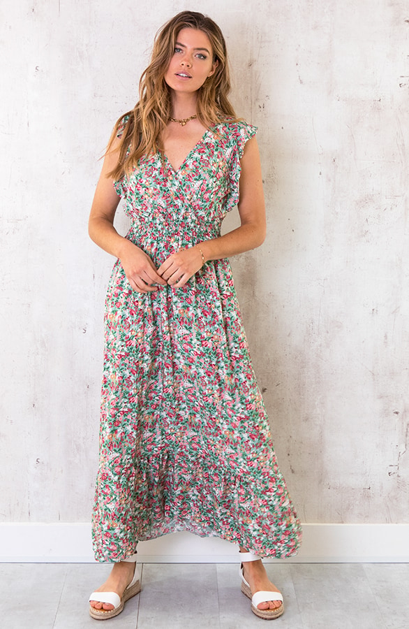 Ruffle Maxi Jurk Bloemen Turquoise – shoparchief, foto 2