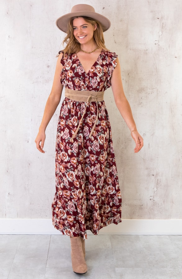Ruffle Maxi Jurk Rozen Bordeaux – shoparchief