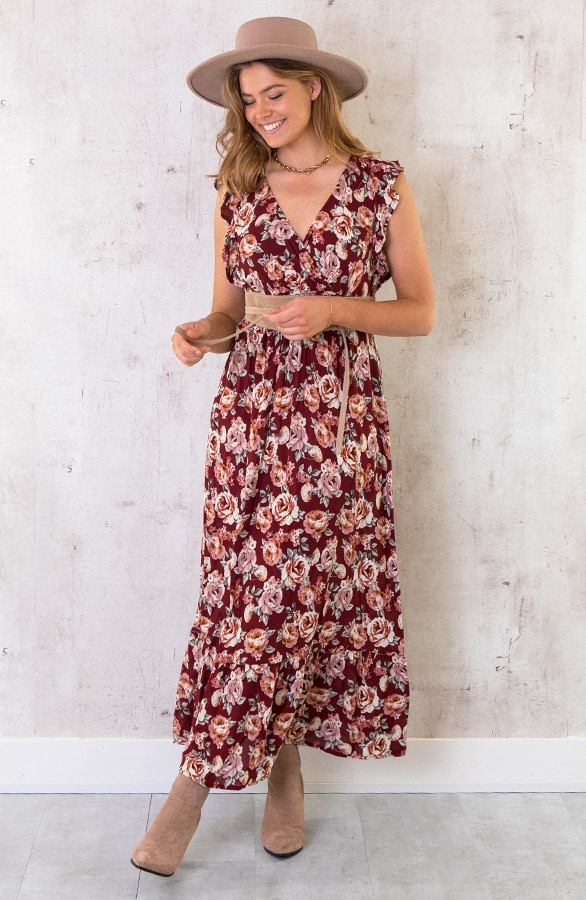 Ruffle Maxi Jurk Rozen Bordeaux – shoparchief, foto 2