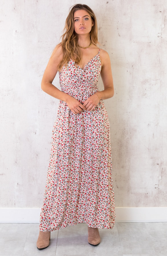 Spaghetti Maxi Jurk Bloemen Creme – shoparchief