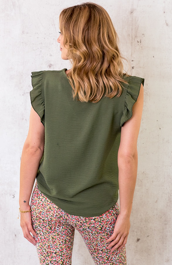 V-hals Ruffle Blouse Army – shoparchief, foto 3