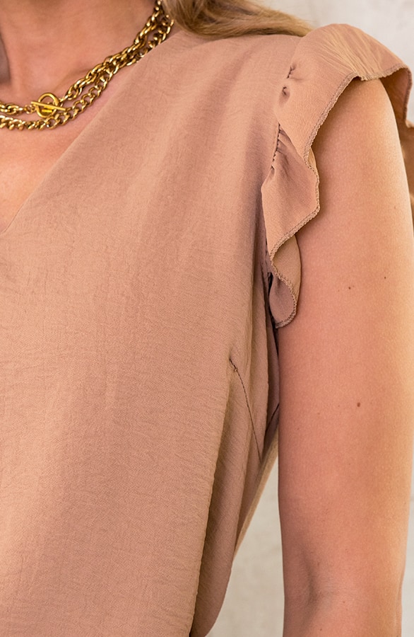 V-hals Ruffle Blouse Camel – shoparchief, foto 2