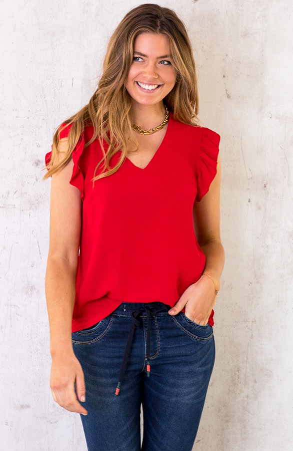 V-hals Ruffle Blouse Rood – shoparchief