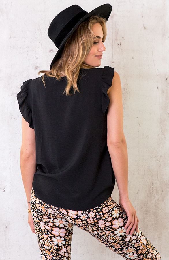 V-hals Ruffle Blouse Zwart – shoparchief, foto 4