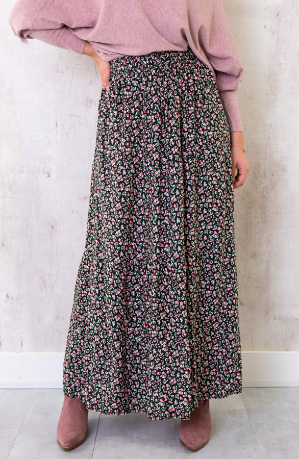 Katoenen Maxi Rok Bloemen Zwart Roze – shoparchief, foto 8